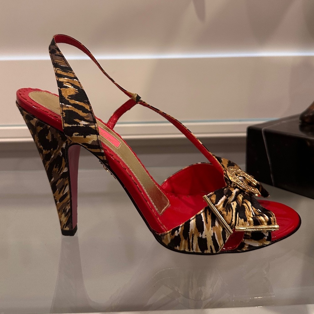 BETSEY JOHNSON Strappy Leopard Satin Heels with Horseshoe Rhinestones, Size 9